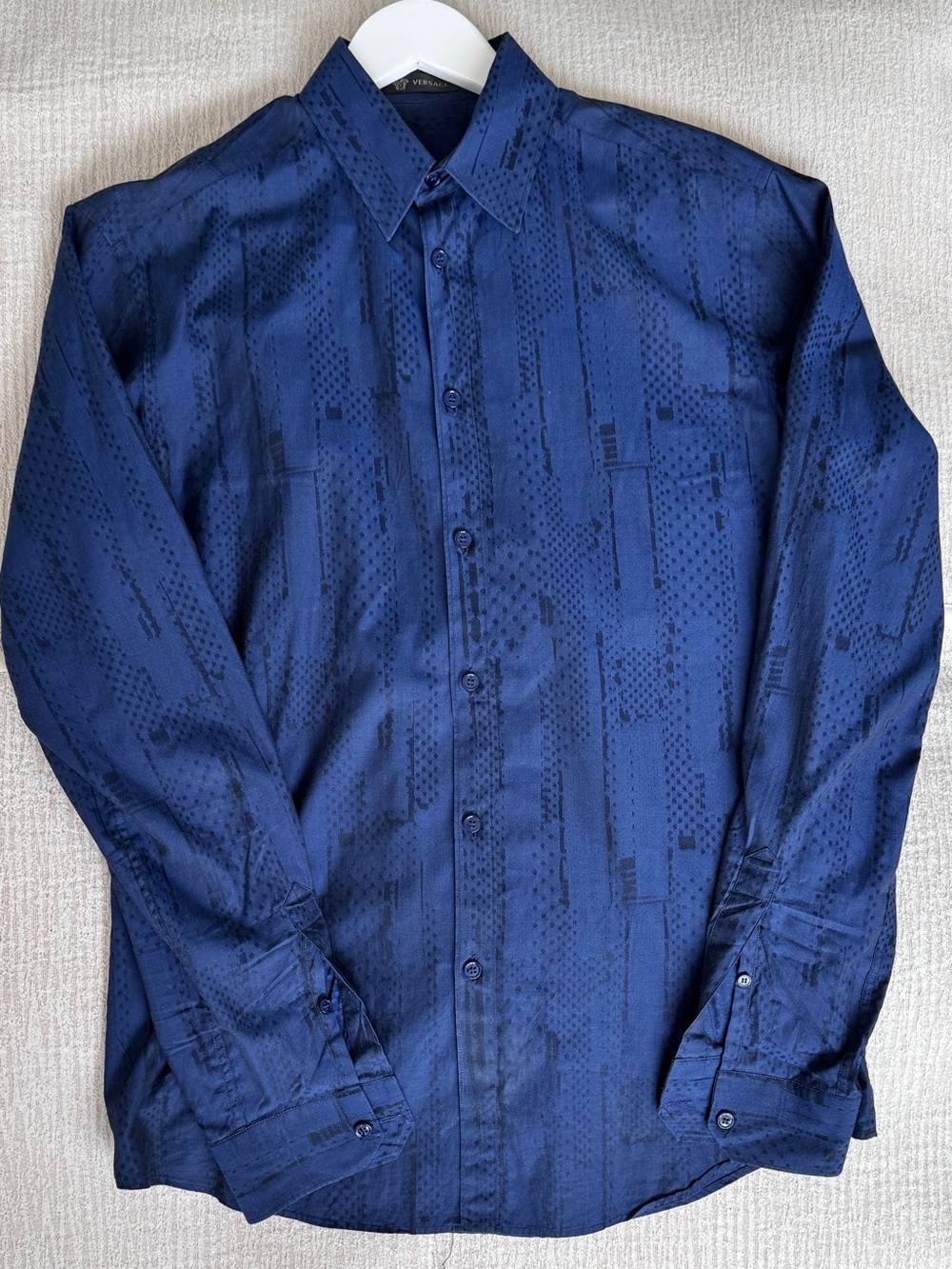 Versace Men's Dark Navy Patterned Long-Sleeve Dress Shirt